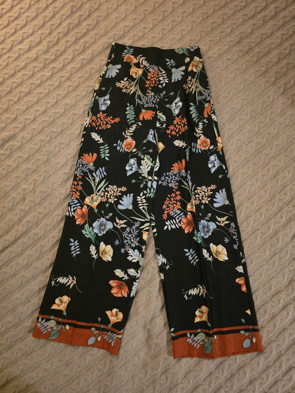 Zara Dark Blue Wide-Leg Floral Pants with Orange & Blue Flowers